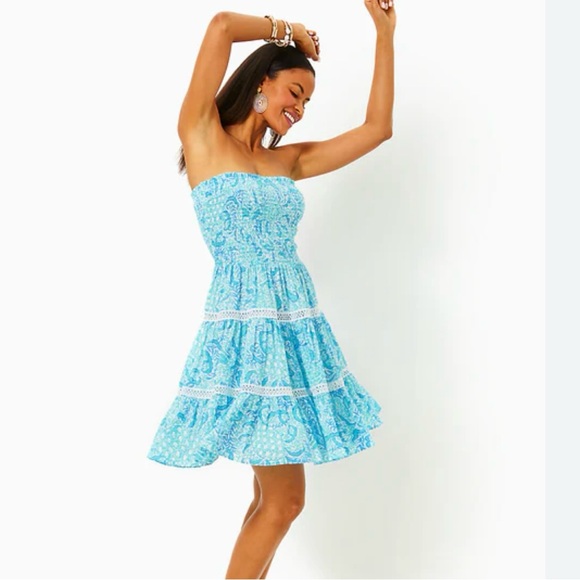 Lilly Pulitzer Kelvina Blue Strapless Smocked Bodice Dress with Ruffled Tiers  L - Picture 12 of 13